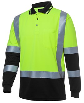 HI VIS POLO SHIRT - BODY & ARM DUST BAND, H PATTERN - Day/Night, Reflective Tape, Long Sleeve 